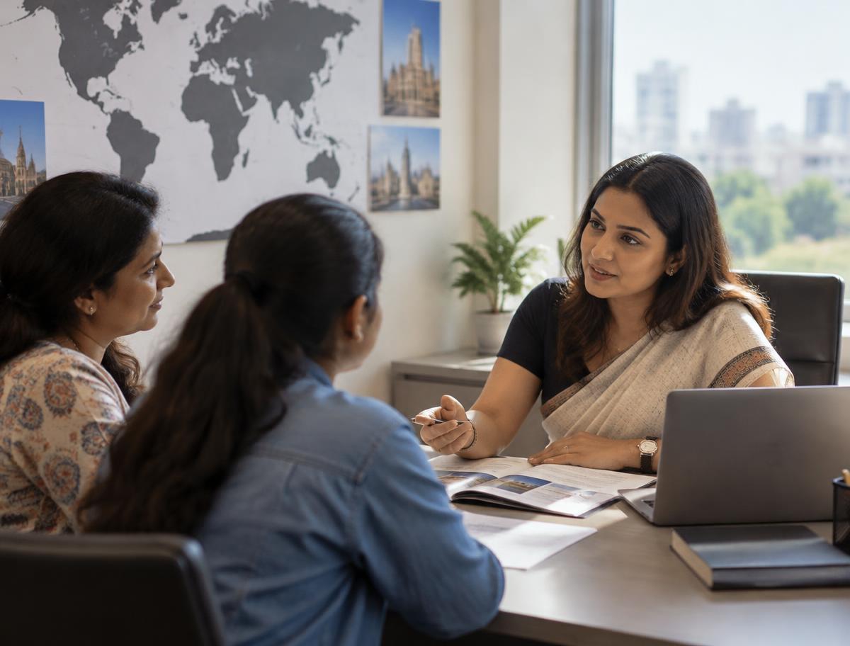 An education counsellor speaking with a student and parent